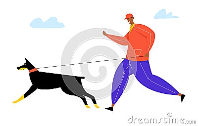 Young Man Walking with Playful Doberman Dog, Male Character Jogging with Home Pet, Morning Running Exercising Vector Illustration