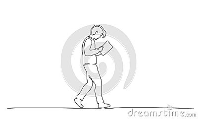 Young man walking on street with book. One line drawing Vector Illustration