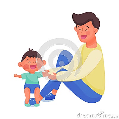 Young Man Watching Baby Steps Vector Illustration. Dad Nursing His Kid Vector Illustration