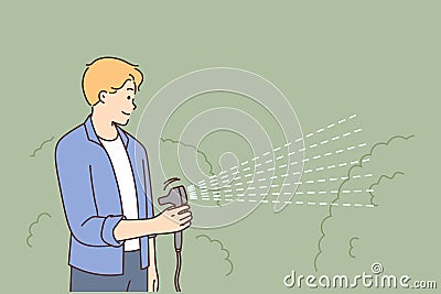 Young man watering bushes with hose Vector Illustration