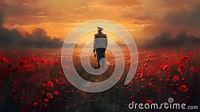 Young man wearing a beret and military uniform stands in a field of red tulips Stock Photo