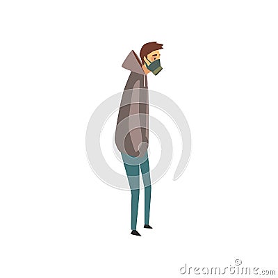 Young Man Wearing Protective Face Mask Against Air Pollution, People Suffering from Industrial Smog Vector Illustration Vector Illustration