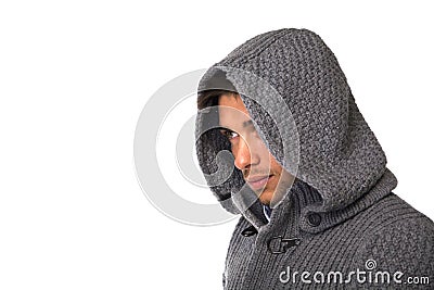 Young man wearing winter hoodie sweater Stock Photo