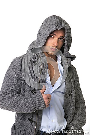 Young man wearing winter hoodie sweater Stock Photo