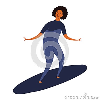 Young man in wetsuit surfing on surfboard cute cartoon character illustration. Vector Illustration