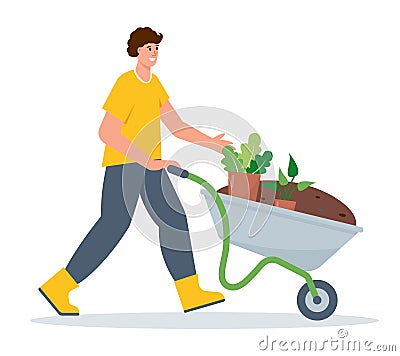 Young man with wheelbarrow with earth and plants. Vector Illustration