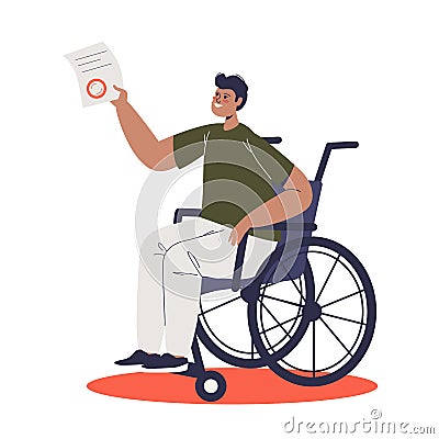 Young man on wheelchair holding document for disability allowance Vector Illustration