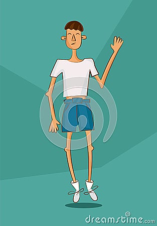 Young man in white shirt with underweight. Comic cartoon illustration. Unhealthy nutrition article image. Vector character Vector Illustration