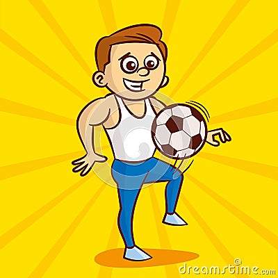 Young man in white undershirt plays with soccer ball Vector Illustration
