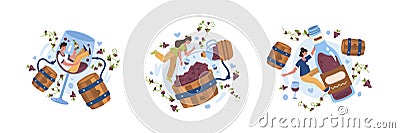 Young man in wineglass drink alcohol beverage. Female looking at wine making process Vector Illustration