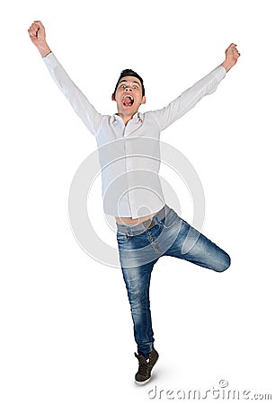 Young man winner hands up Stock Photo