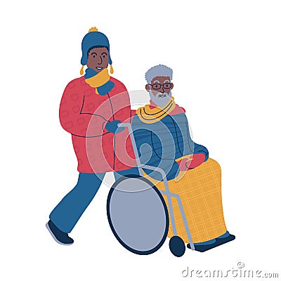 .Taking a person in a wheelchair for a stroll during the winter time. Isolated vector illustration. Vector Illustration