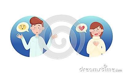 Young Man and Woman Astonished and in Love Depicting Emoticon in Blue Circle Vector Set Vector Illustration