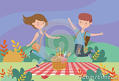 Young man and woman basket picnic nature landscape Vector Illustration