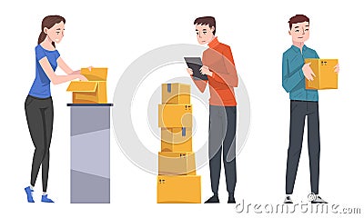 Young Man and Woman Carrying and Checking Cardboard Box Working with Parcels in Warehouse Vector Set Vector Illustration