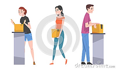 Young Man and Woman Carrying and Checking Cardboard Box Working with Parcels in Warehouse Vector Set Vector Illustration