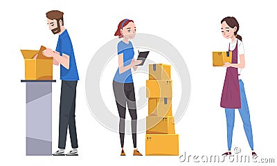 Young Man and Woman Carrying and Checking Cardboard Box Working with Parcels in Warehouse Vector Set Vector Illustration