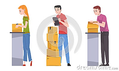 Young Man and Woman Checking Cardboard Box Working with Parcels in Warehouse Vector Set Vector Illustration