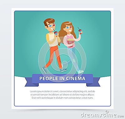 Young man and woman in 3d glasses with popcorn going to the movie Vector Illustration