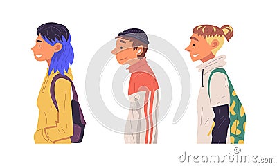 Young Man and Woman of Different Subculture in Jacket and with Backpack Side View Vector Set Stock Photo