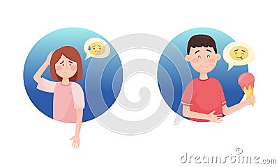 Young Man and Woman Disappointed and Piquant smiling Licking Ice Cream Depicting Emoticon in Blue Circle Vector Set Vector Illustration
