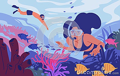 Young man and woman in diving masks swimming in sea or ocean and observing coral reef. Pair of snorkelers watching Vector Illustration