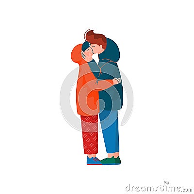 Young Man and Woman Embracing and Kissing, Happy Romantic Couple Dressed in Seasonal Clothes or Outerwear on Date Vector Vector Illustration