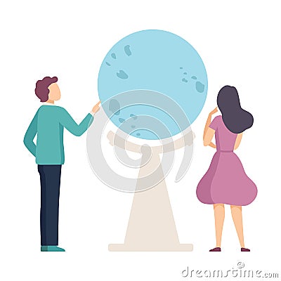 Young Man and Woman Examining Globe in Planetarium Vector Illustration Vector Illustration