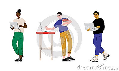 Young Man and Woman Freelancer with Laptop Standing Working from Home Vector Set Vector Illustration