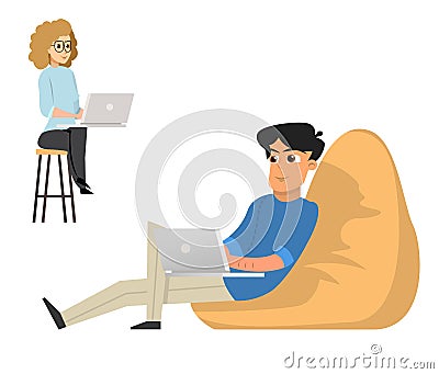 Young Man and Woman Freelancers Working with Lapto Vector Illustration