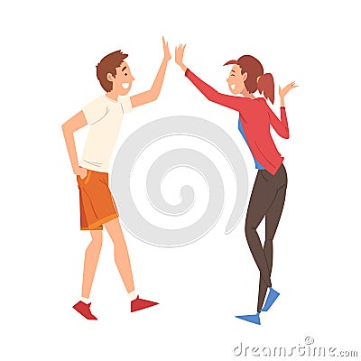 Young Man and Woman Giving High Five to Each Other, Meeting of Two People, Greeting of Freinds or Partners Vector Vector Illustration