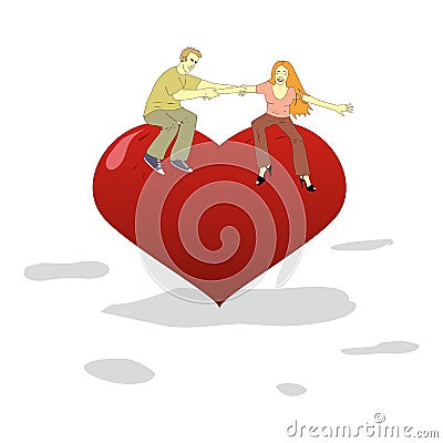 Young man and woman have fun on a big heart Vector Illustration