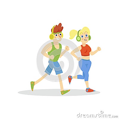 Young man and woman with headphones running in sportswear, active healthy lifestyle cartoon vector Illustration Vector Illustration