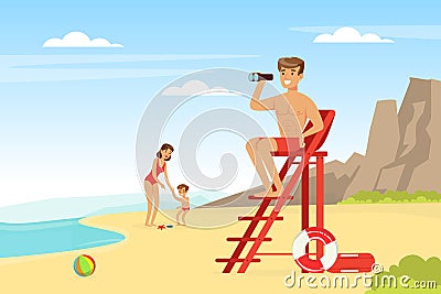 Young Man and Woman Lifeguard on Ladder with Binoculars Supervising Safety Vector Illustration Vector Illustration