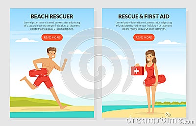 Young Man and Woman Lifeguard Supervising Safety Vector Illustration Vector Illustration