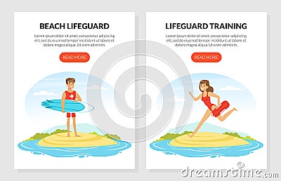 Young Man and Woman Lifeguard with Surfboard Supervising Safety Vector Template Vector Illustration