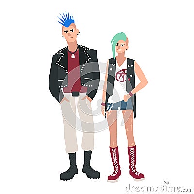 Young man and woman with mohawk hairstyle. Pair or punk rockers dressed in ripped clothes. Funny male and female cartoon Vector Illustration