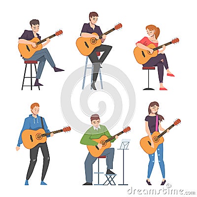 Young Man and Woman Musician Guitarist Character Playing Guitar Performing Street Concert Vector Set Vector Illustration