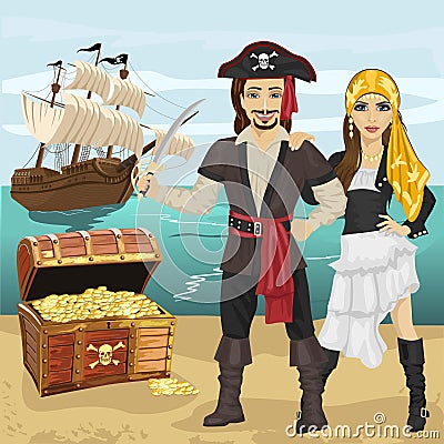 Young man and woman in pirate costume holding sword standing near open treasure chest on beach in front of pirate ship Vector Illustration