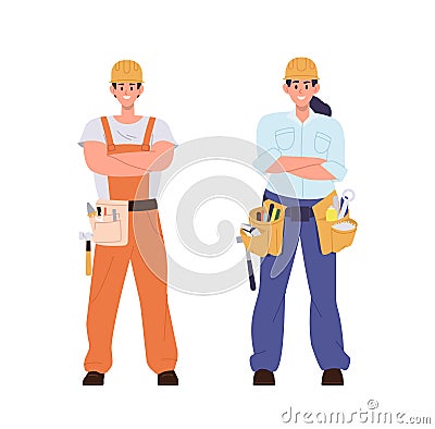 Young man and woman repair worker cartoon characters wearing uniform with tools belt on waist Vector Illustration