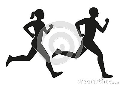 Young man and woman runs, black contour silhouette. Male and female runners. Sport lifestyle, speed, victory, race Vector Illustration
