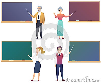 Young man, woman, senior male and female teachers near blackboard set. Trendy gradient color vector illustration teacher Vector Illustration