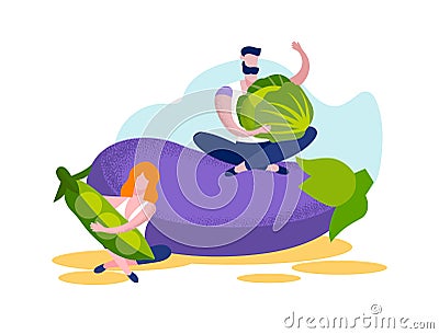 Young Man and Woman Sitting at Huge Eggplant. Vector Illustration