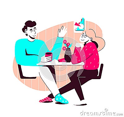 Young man and woman are sitting at the table at home and chatting. The concept of joint family leisure. Vector Vector Illustration