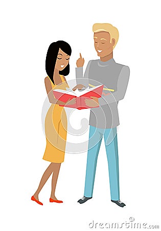 Young Man and Woman Stand with Book Vector Illustration