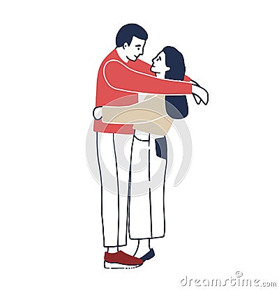 Young man and woman standing face to face and hugging. boyfriend and girlfriend cuddling. Funny male and female cartoon Vector Illustration