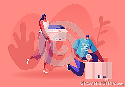 Young Man and Woman Teamworking Caring Altruistic Volunteers Collecting Clothes to Cardboard Boxes for Donation Vector Illustration