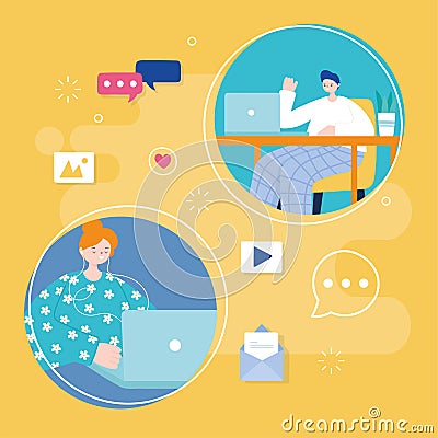 Young man and woman using laptop social media apps digital Vector Illustration