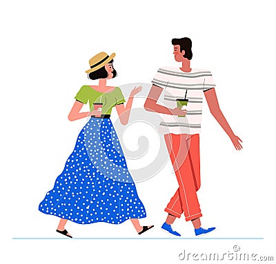 Young man and woman are walking together. The couple is walking, drinking coffee and talking. Stylishly dressed people Vector Illustration