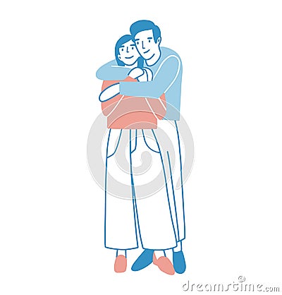 Young man and woman warmly hugging or cuddling. Boy standing behind girl and embracing her. Cute male and female cartoon Vector Illustration